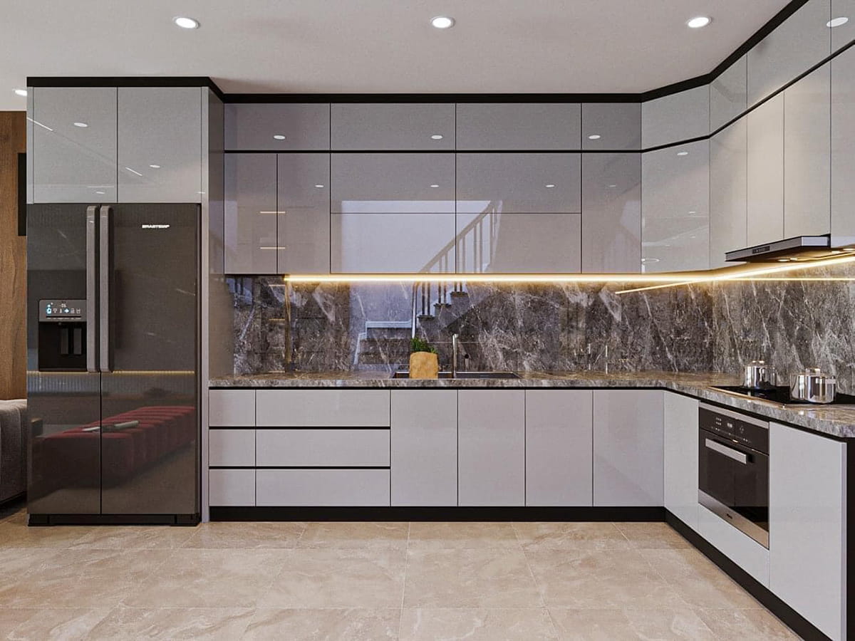 Tủ bếp inox cánh acrylic bóng gương